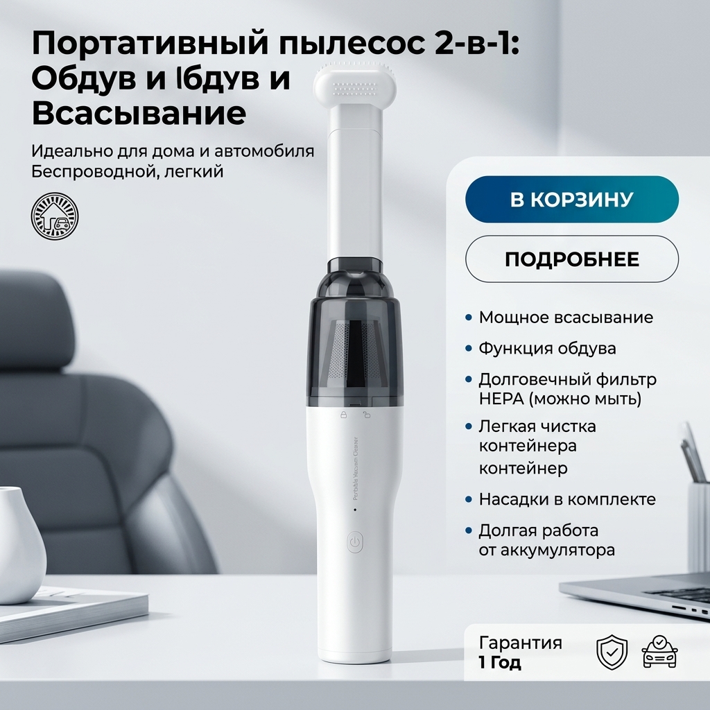 картинка Premium Handheld Blow‑Suction Vacuum — компактный ручной пылесос с двумя режимами от магазина Одежда+