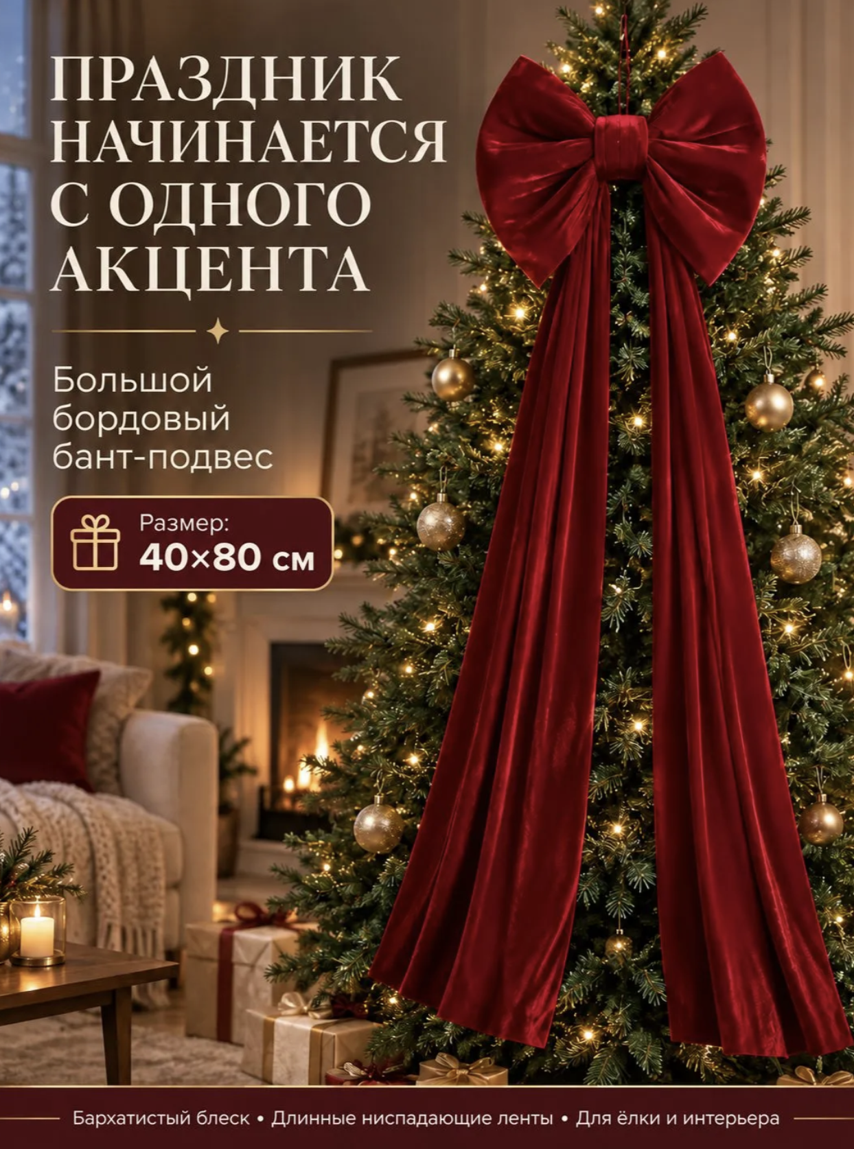 картинка Бант новогодний 200 см бабочка бордовый / Размер: 0,6*2,0м красное вино от магазина Одежда+