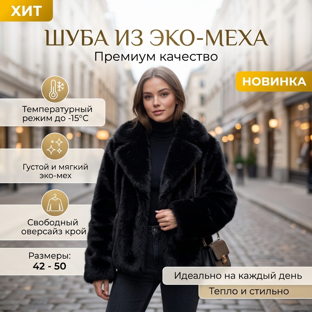 картинка Чёрная экошуба‑оверсайз из густого экомеха: новинка, премиум‑качество, до −15 °C от магазина Одежда+