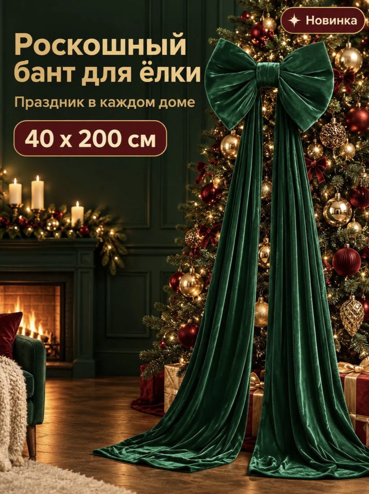 картинка Бант новогодний 200 см бабочка изумрудный / Размер: 0,4*1,8м изумрудный от магазина Одежда+
