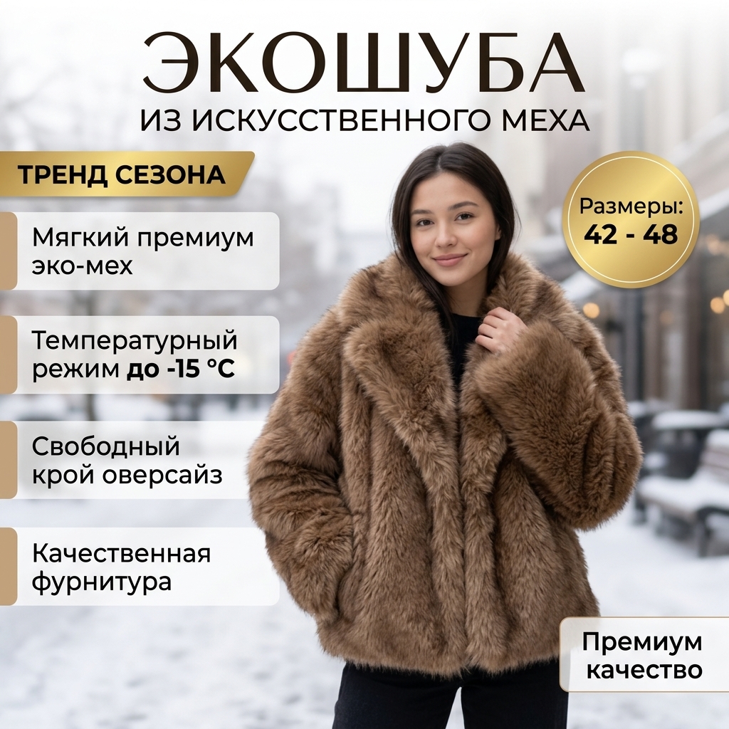 картинка Трендовая экошуба‑оверсайз в карамельно‑коричневом оттенке: премиум‑качество, до −15 °C от магазина Одежда+