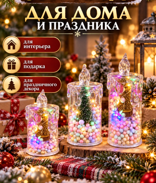 картинка Новогодний декоративный светильник свеча с подсветкой 6*9 см от магазина Одежда+