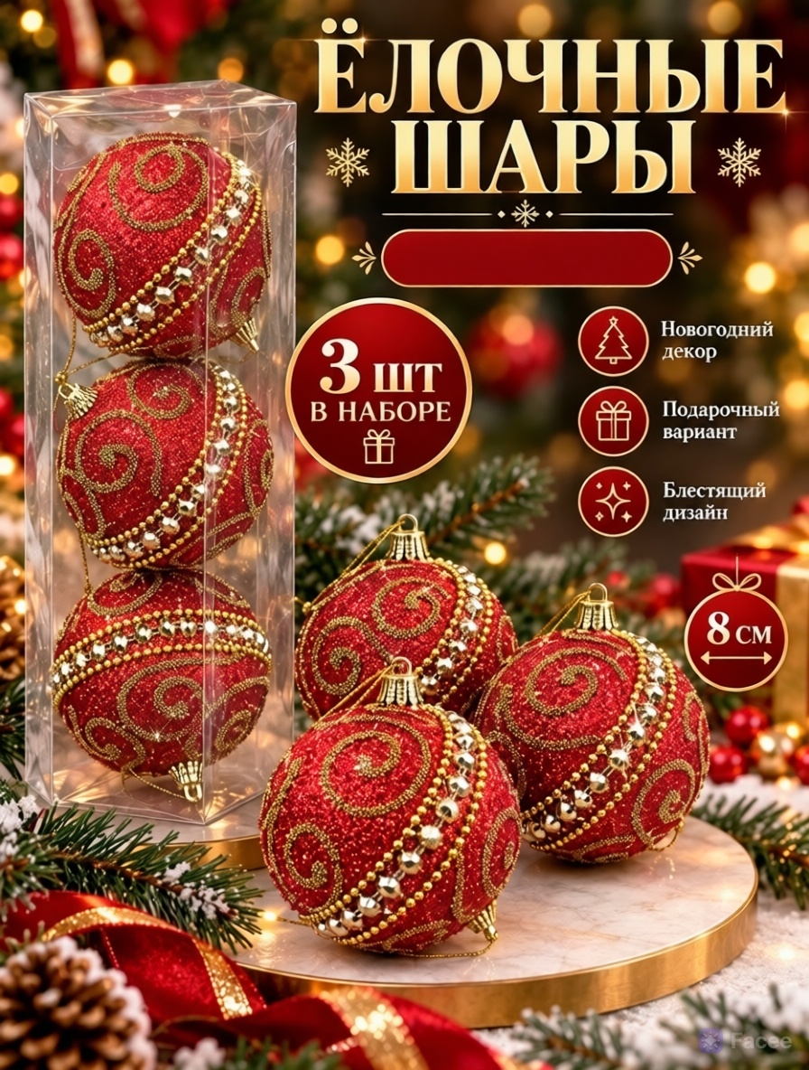 картинка Набор ёлочных шаров с декором из страз, 3 шт., диаметр — 8 см от магазина Одежда+