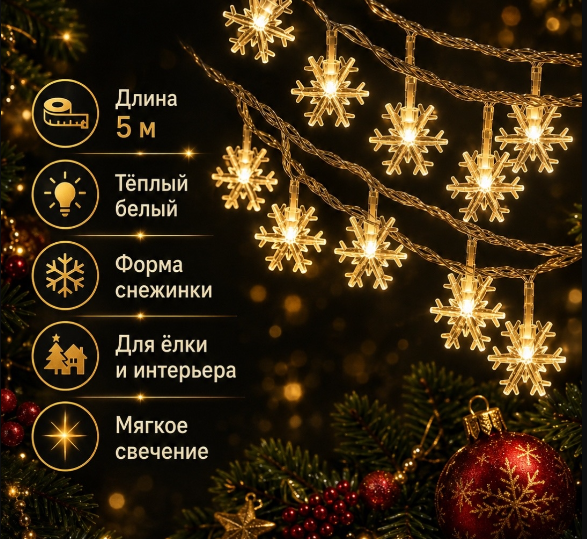 картинка Гирлянда «Снежинки» с тёплым белым свечением — тот самый штрих, который превращает обычный вечер в новогоднюю сказку! Размер: 5 метров от магазина Одежда+