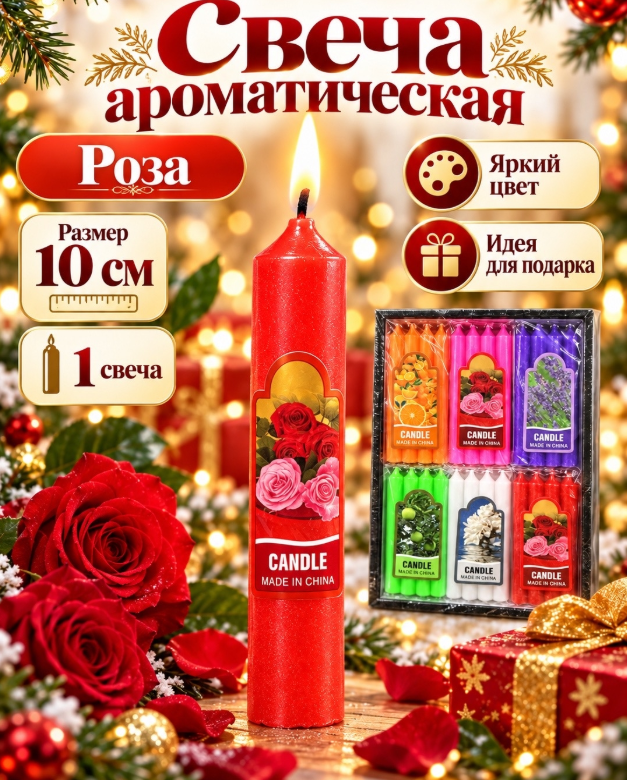 картинка Новогодние ароматические свечи 10 см набор 8 шт в ассортименте от магазина Одежда+