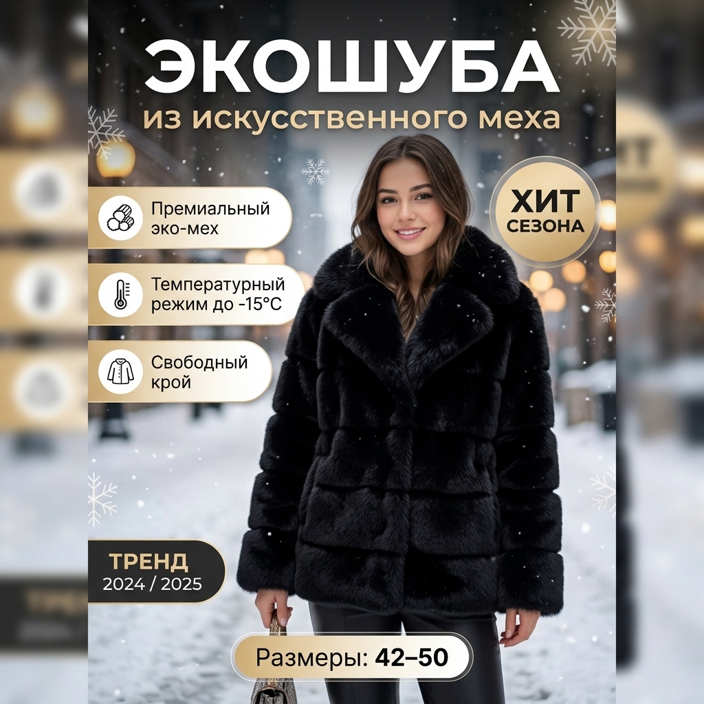 картинка Чёрная экошуба‑хит сезона 2024/2025: премиальный искусственный мех, свободный крой, тренд зимы от магазина Одежда+