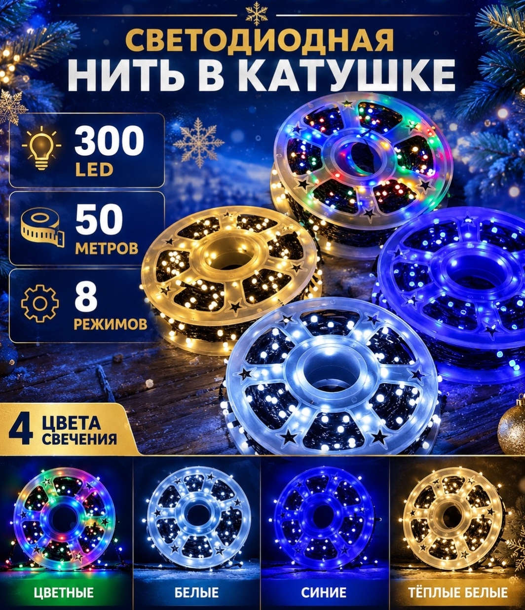 картинка Светодиодная нить в катушке — идеальное решение для масштабного новогоднего оформления! Размер 50 метров от магазина Одежда+