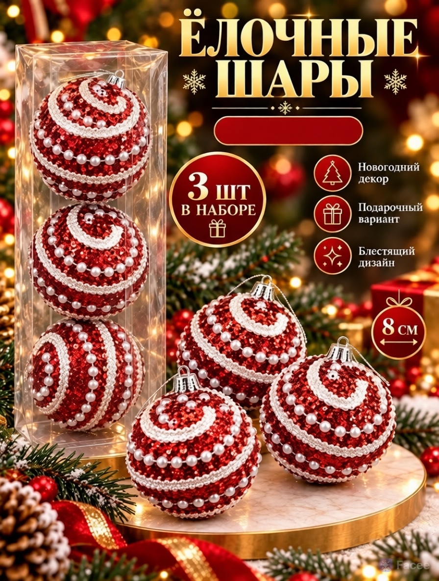 картинка Набор ёлочных шаров с декором из страз, 3 шт., диаметр — 8 см от магазина Одежда+