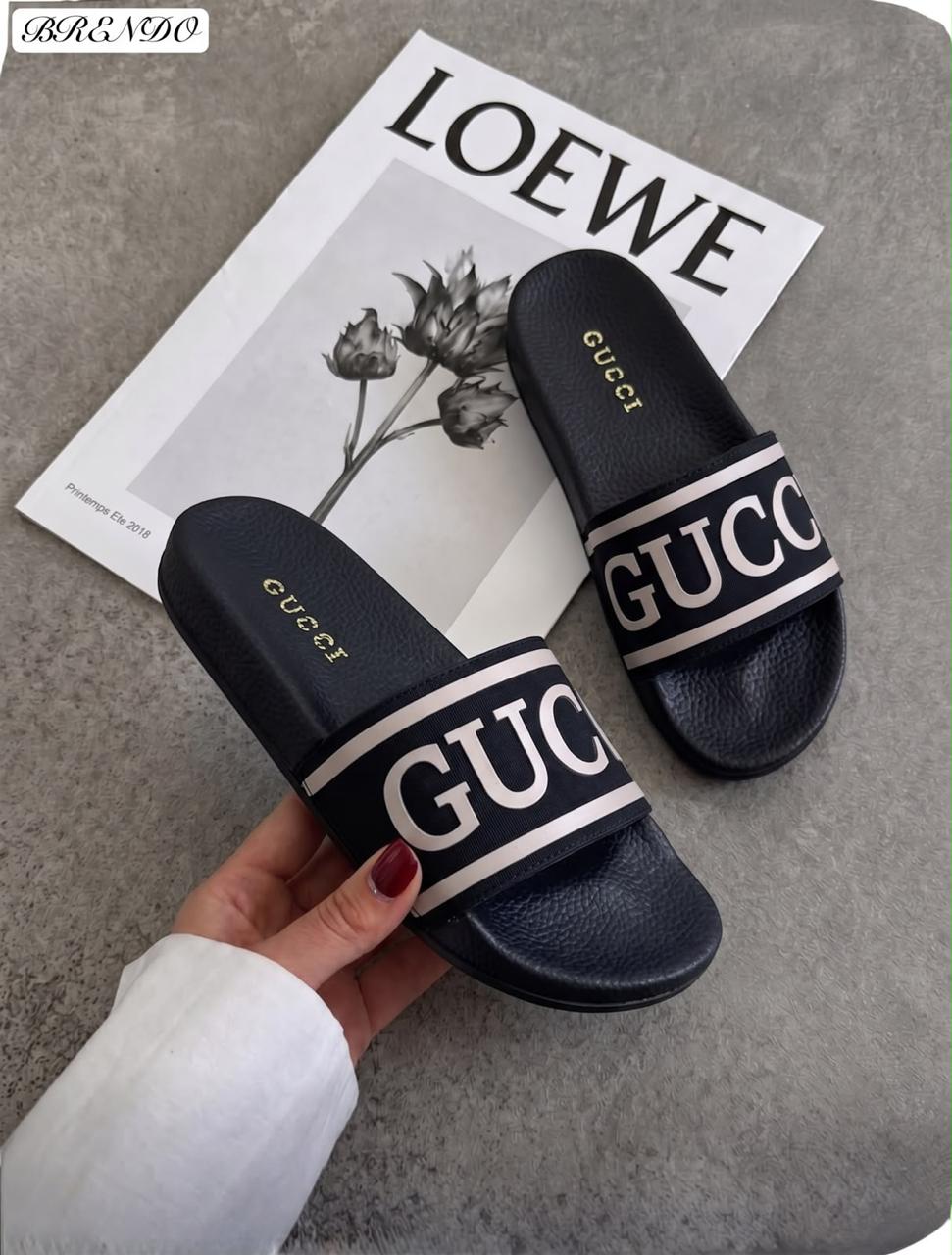 фото женские черные шлепки с надписью gucci 915262 оптом