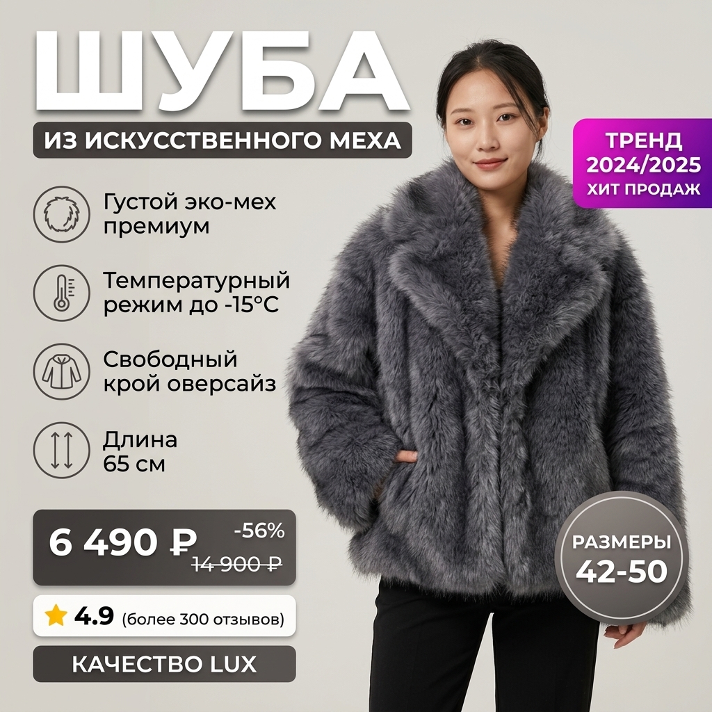 картинка Экошуба‑оверсайз в графитово‑сером оттенке: тренд 2024/2025, качество LUX, длина 65 см от магазина Одежда+