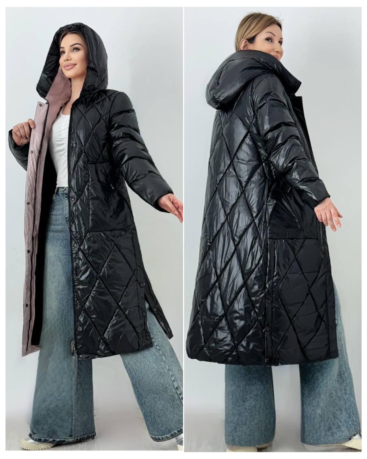 картинка Удлинённое стёганое пальто с капюшоном от магазина Одежда+