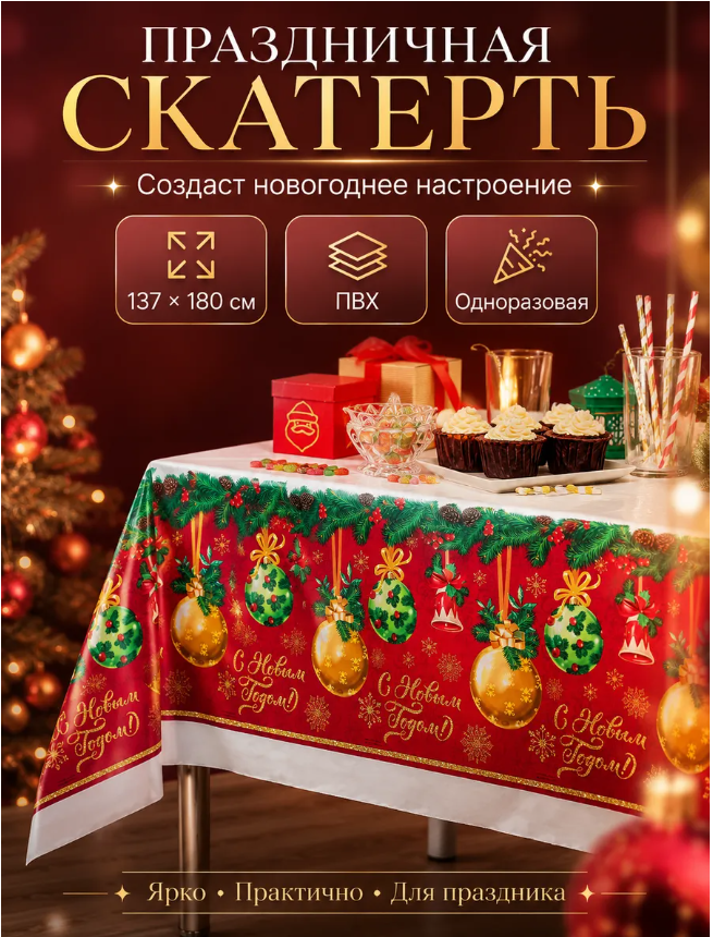 картинка Скатерть новогодняя одноразовая 137*180 см в ассортименте от магазина Одежда+