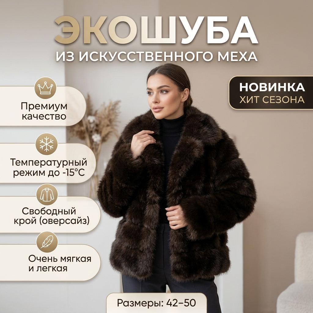 картинка Шуба из экомеха под тёмного соболя от магазина Одежда+
