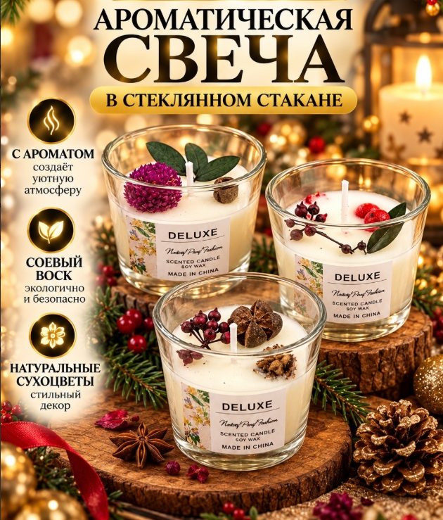 картинка Новогодняя ароматическая свеча в стеклянном стакане 7*5,5 см для декора от магазина Одежда+