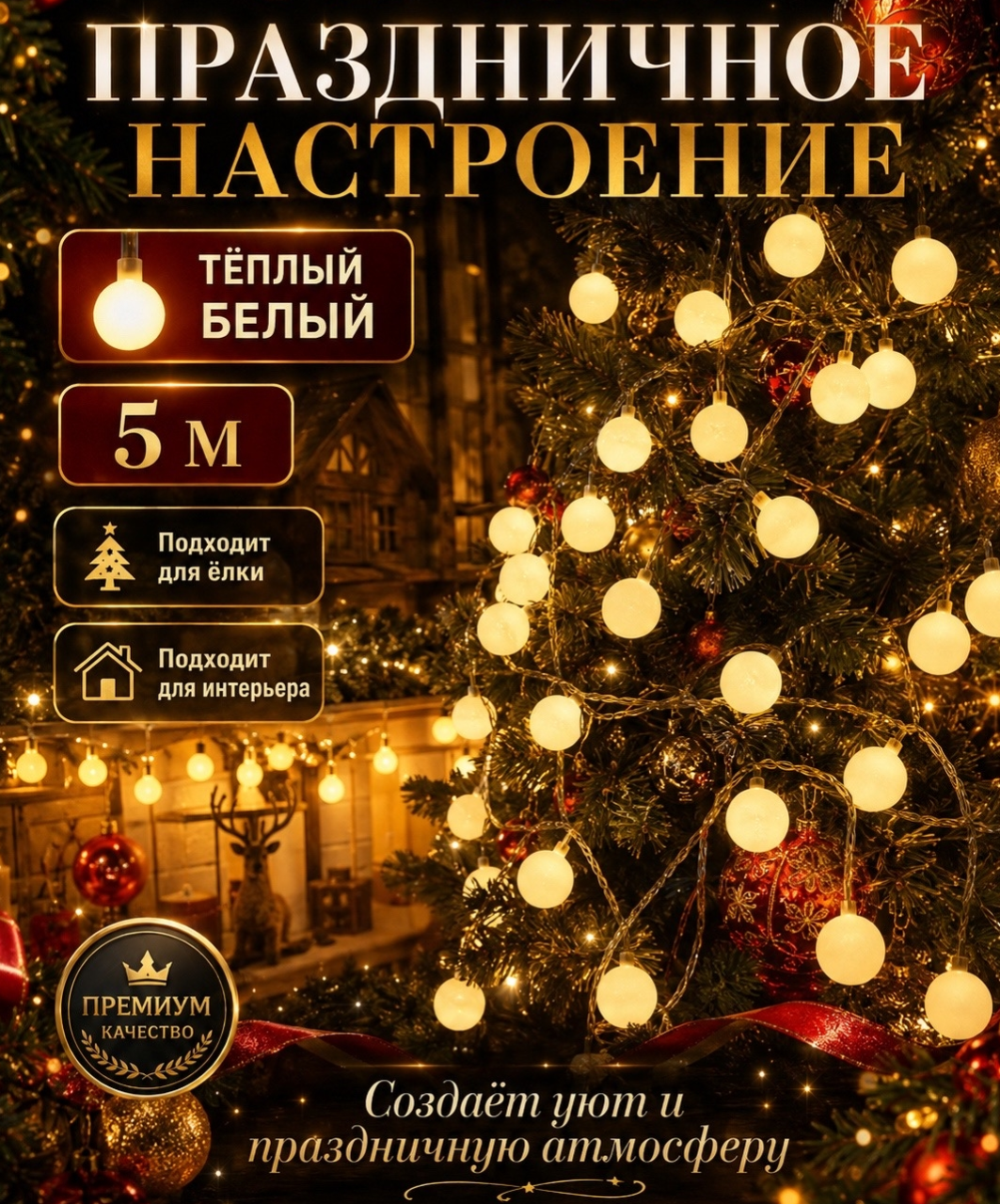 картинка Гирлянда «Шарики» в тёплом белом свечении — то, без чего невозможно представить настоящую новогоднюю атмосферу! Размер: 5 метров от магазина Одежда+