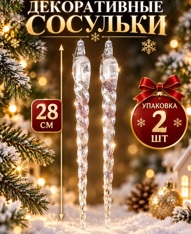картинка Хрустальные подвески "Сосульки" на елку 28 см набор 2 шт от магазина Одежда+
