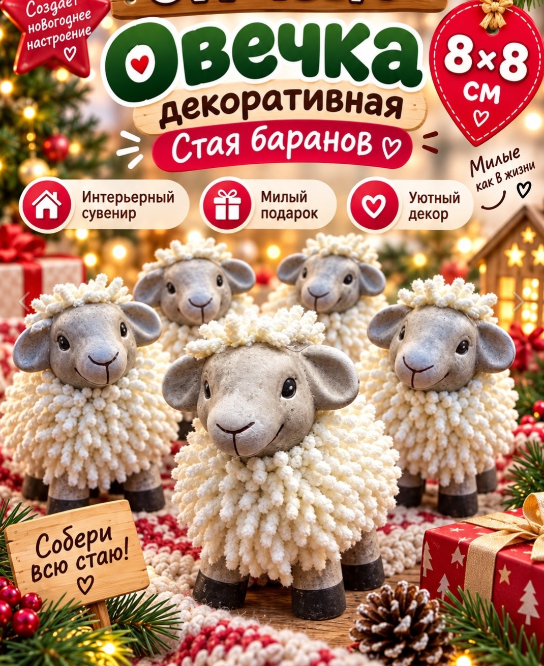 картинка Декоративные фигурки «Стая баранов», набор из 5 овечек, 8×8 см, текстиль и полимер от магазина Одежда+