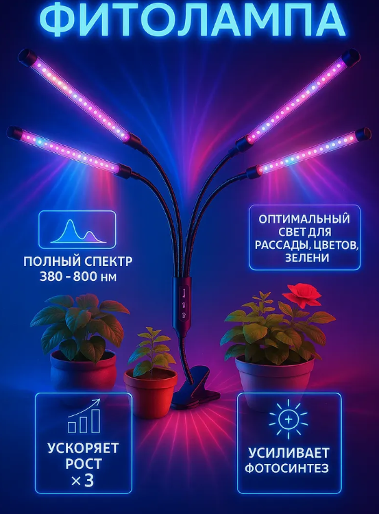 картинка Фитолампа для рассады и растений  4 лампы от магазина Одежда+