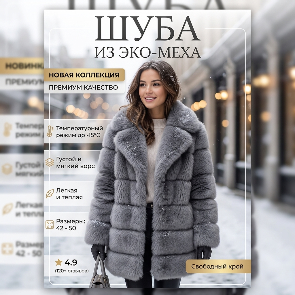 картинка Серая экошуба из новой коллекции: свободный крой, густой мягкий ворс, премиальное исполнение от магазина Одежда+