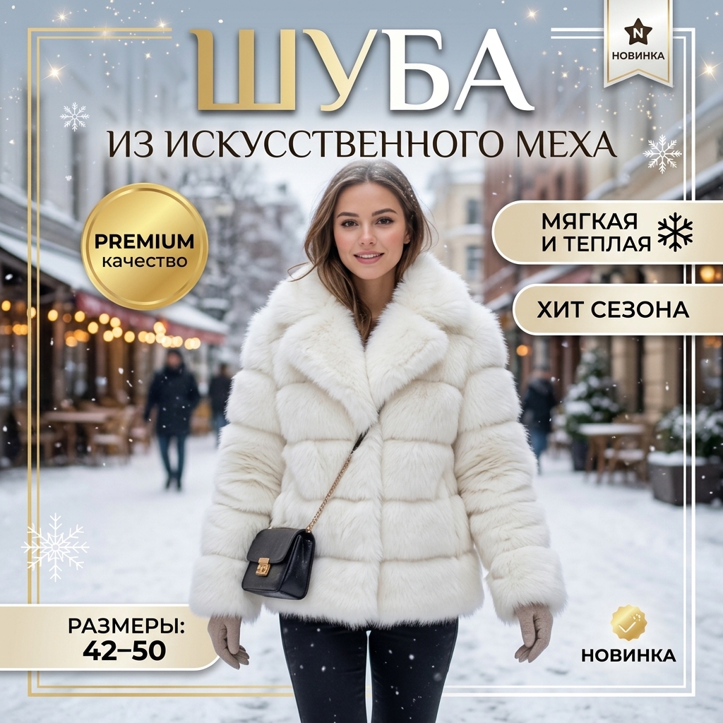 картинка Белая экошуба с объёмным ворсом, укороченный фасон, структурированные горизонтальные сегменты, лаконичная застёжка от магазина Одежда+