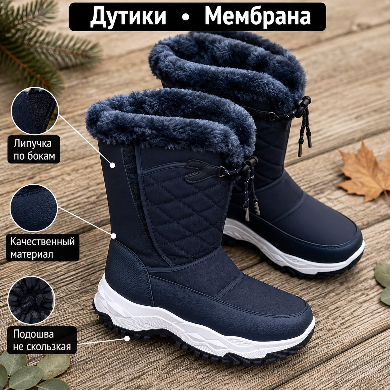 фото женские зимние дутики с мехом и липучкой 605034 оптом