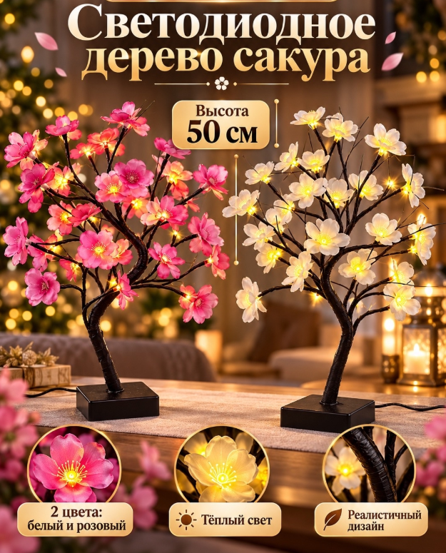 картинка Светодиодное дерево "Сакура" 50 см с теплым светом от магазина Одежда+