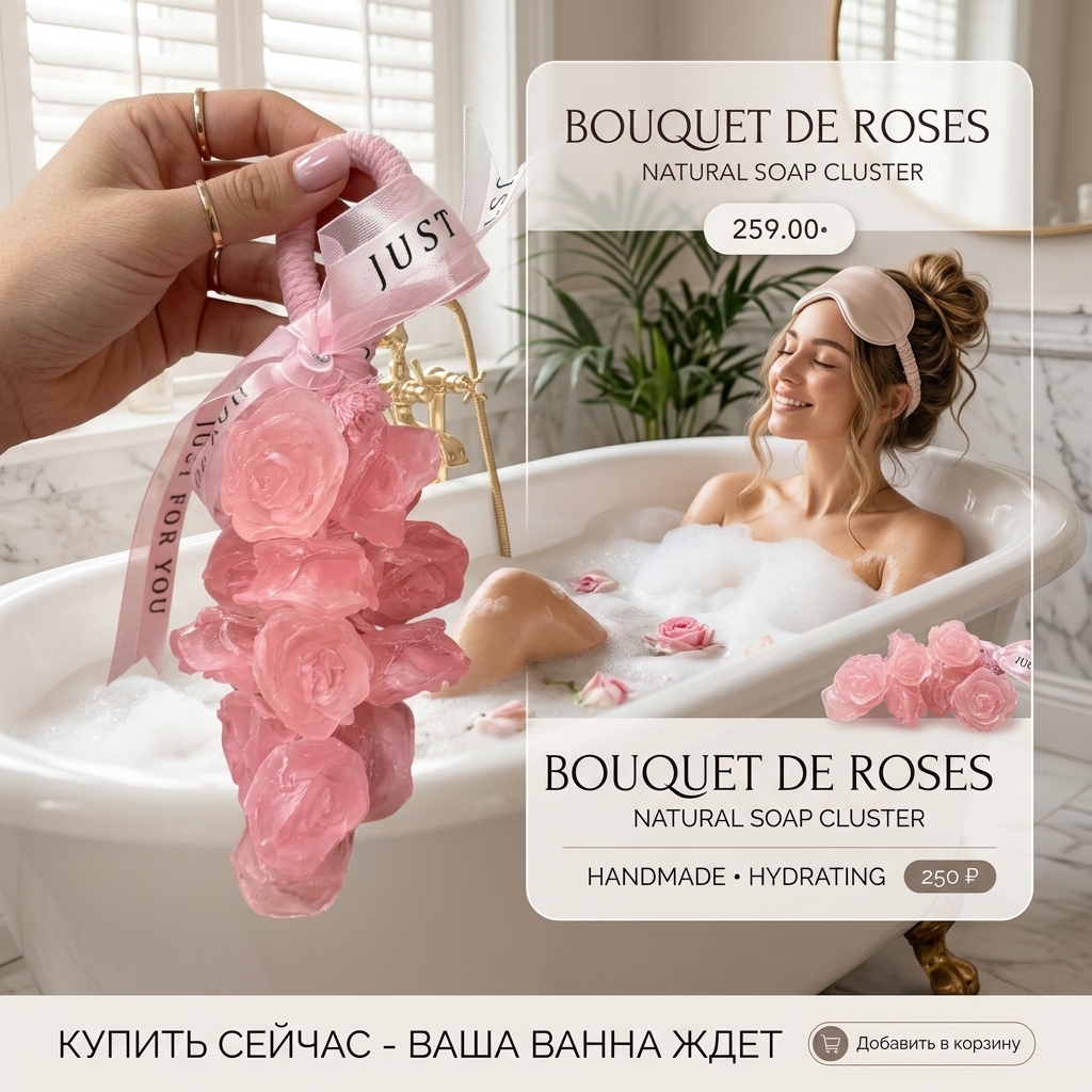 картинка Bouquet de Roses Natural Soap Cluster: мыльный кластер в виде розовых роз, ручная работа, увлажняющий эффект от магазина Одежда+