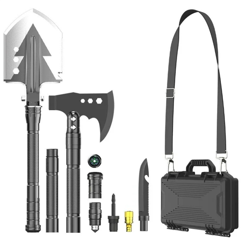 картинка туристический набор с топором и лопатой в чемодане 15 в 1 от магазина Одежда+