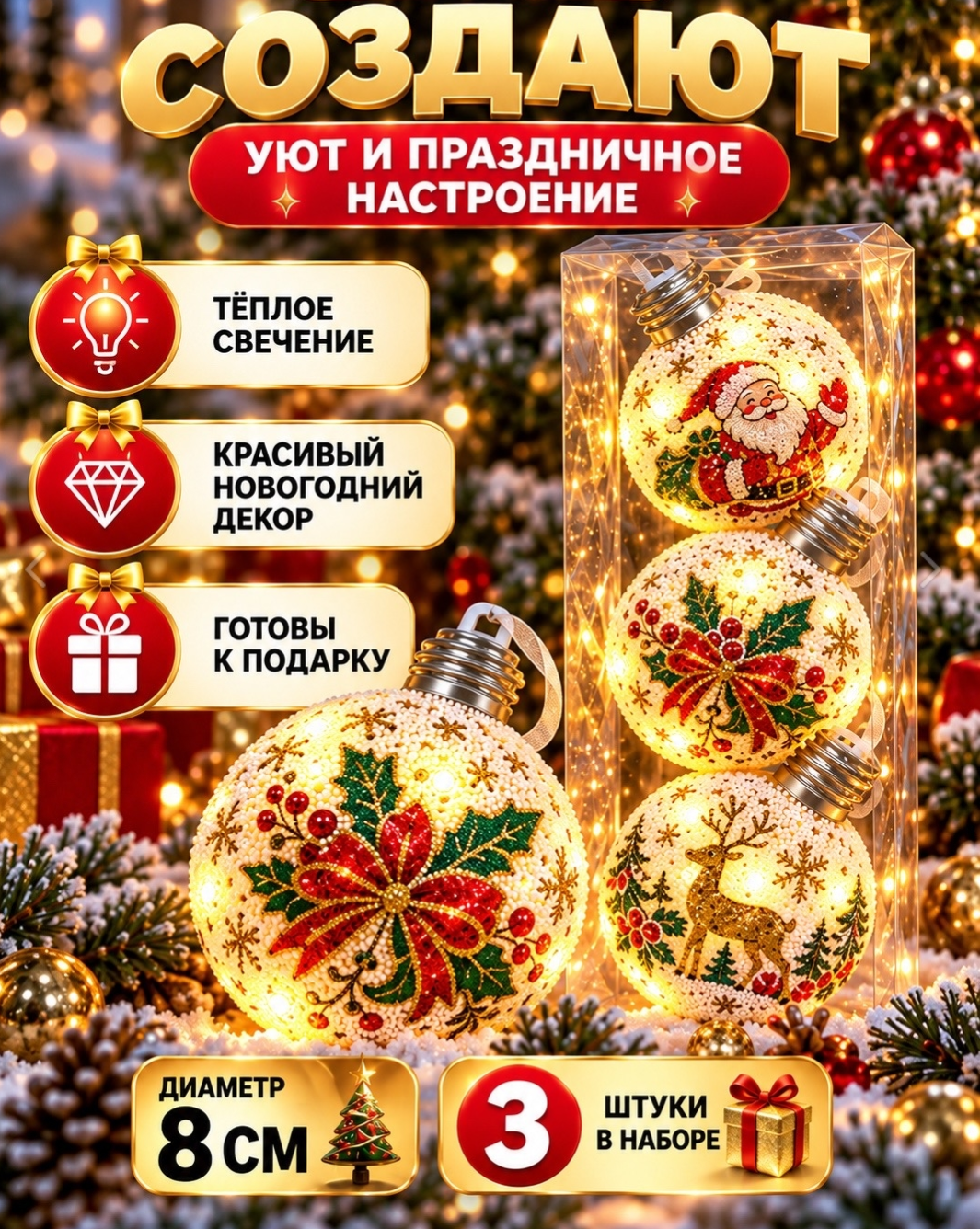 картинка Набор светящихся новогодних шаров — идеальный декор для создания праздничной атмосферы от магазина Одежда+