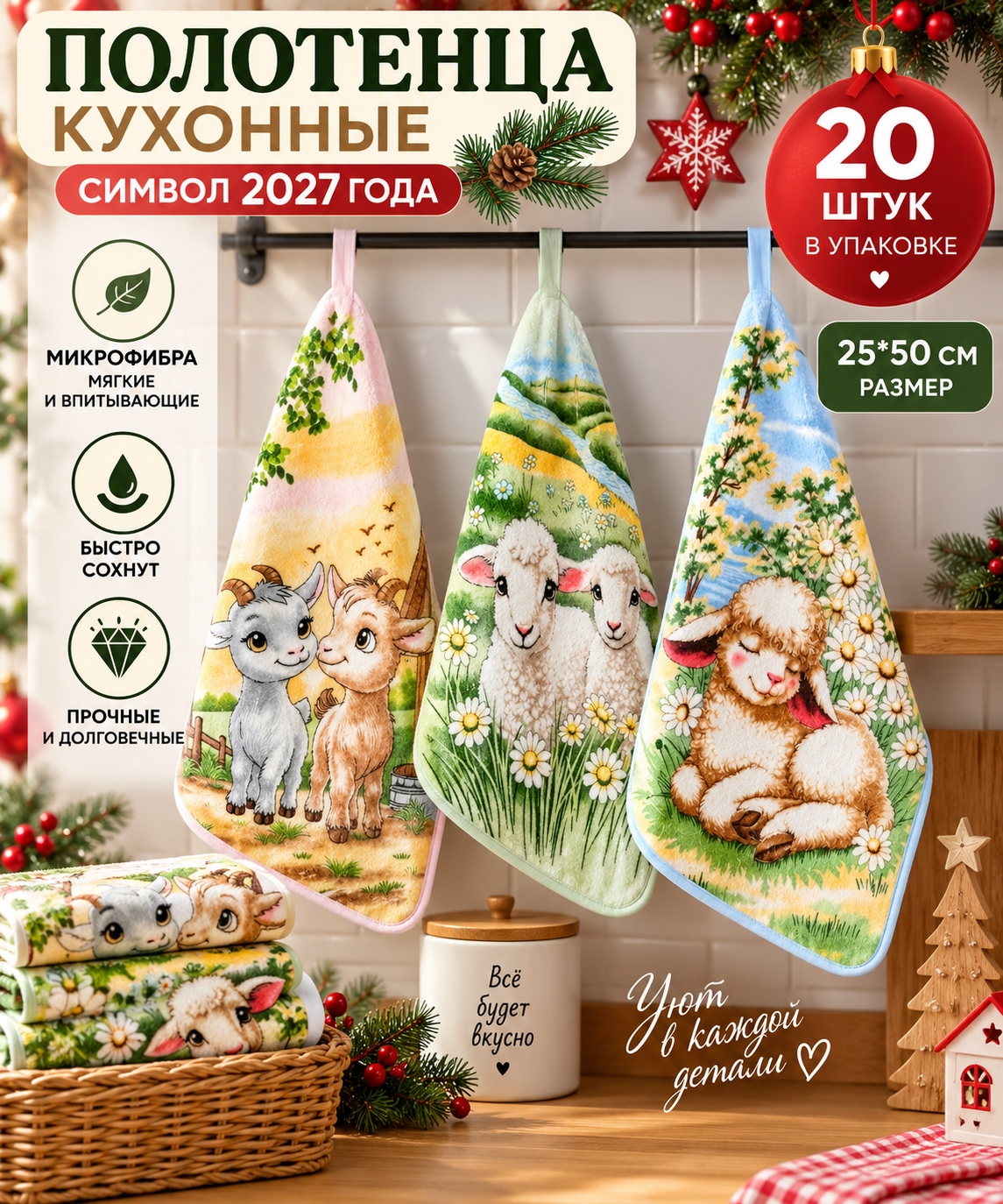 картинка Кухонные полотенца с трогательными изображениями козлят и овечек — идеальный подарок на Новый год, который наполнит дом уютом и атмосферой доброй сказки! Размер: 25 на 50 см от магазина Одежда+