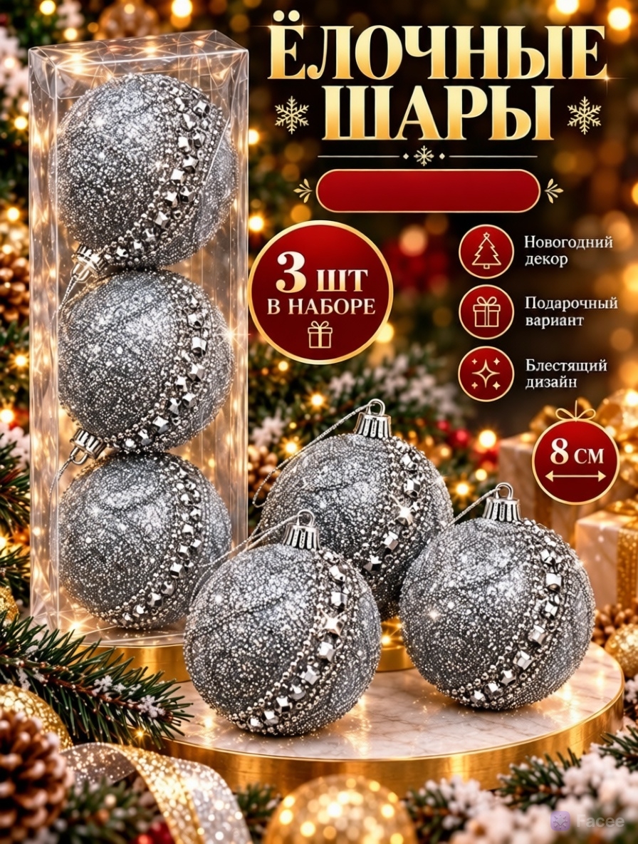 картинка Набор ёлочных шаров с декором из страз, 3 шт., диаметр — 8 см от магазина Одежда+