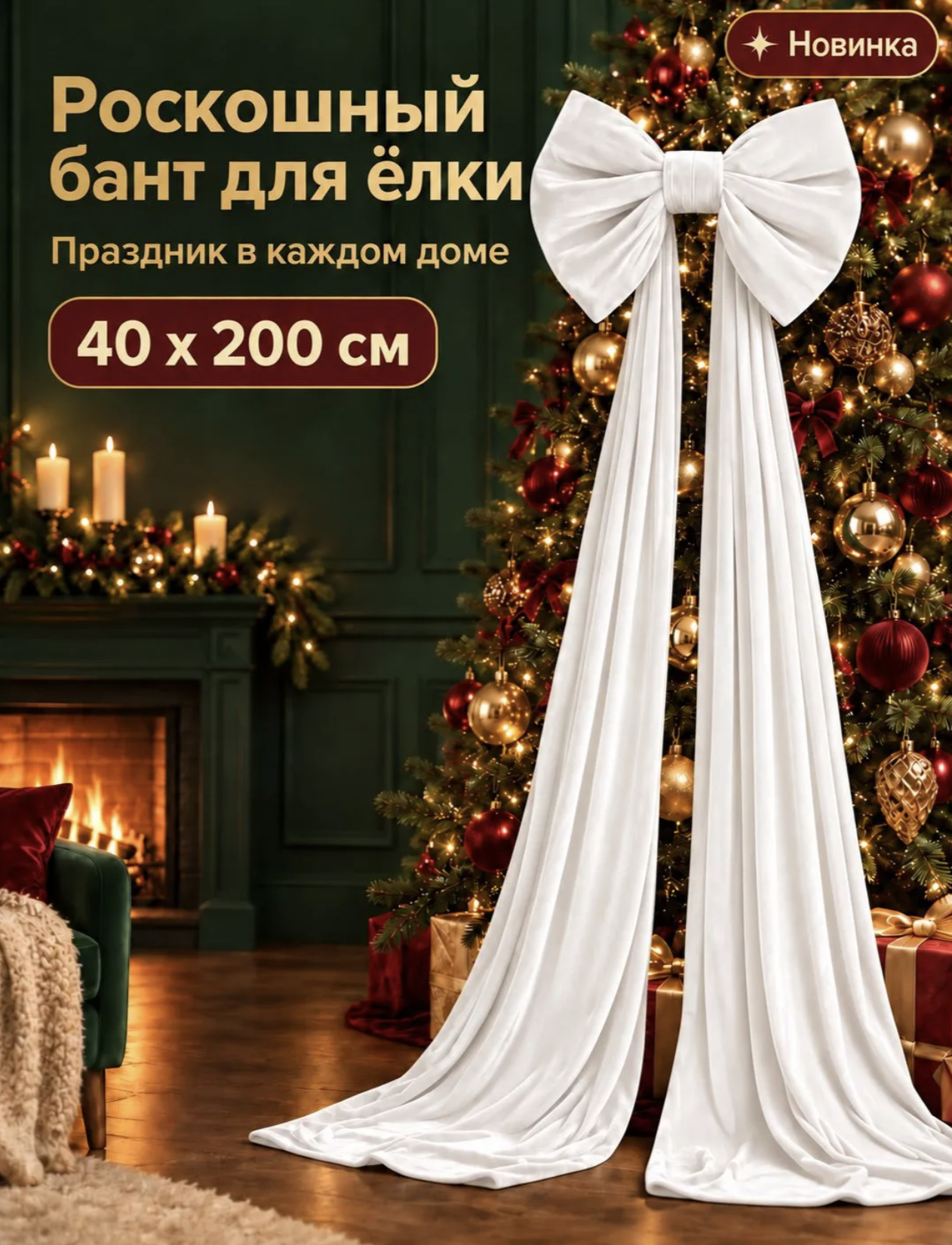картинка Бант новогодний 200 см бабочка белый / Размер: 0,6*2,0м белый от магазина Одежда+