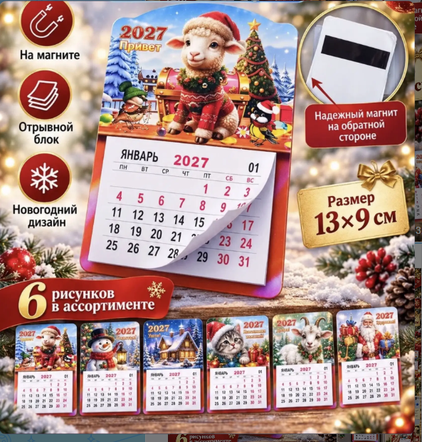 картинка Календарь отрывной на магните символ года 2027 год 13*9 см в ассортименте от магазина Одежда+