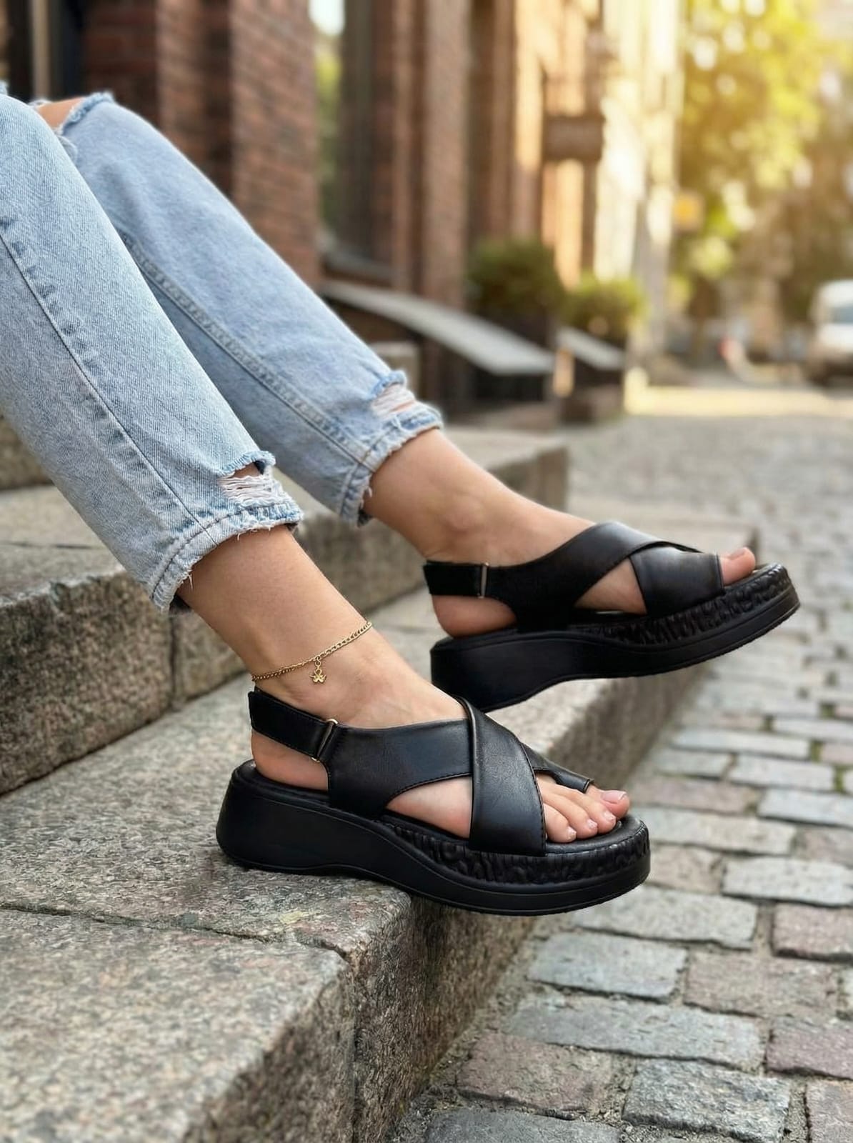 фото женские летние черные сандалии на толстой подошве 877632 оптом