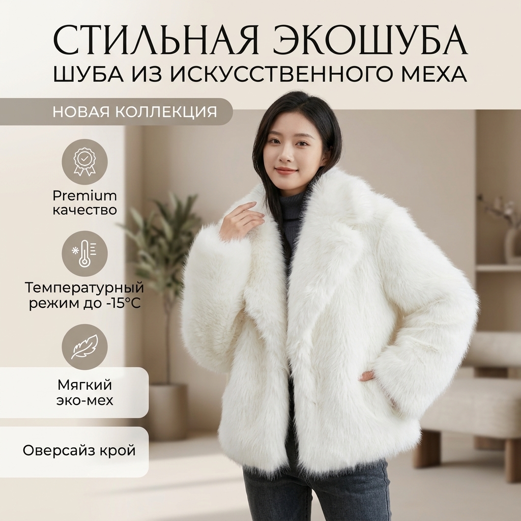 картинка Стильная белая экошуба‑оверсайз: новая коллекция, premium‑качество, до −15 °C от магазина Одежда+