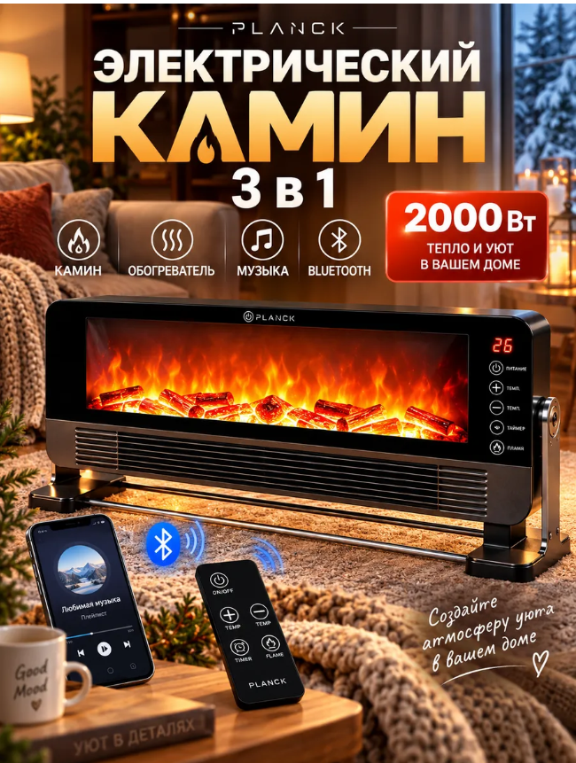 картинка Электрический обогреватель камин с терморегулятором 3 в 1 от магазина Одежда+