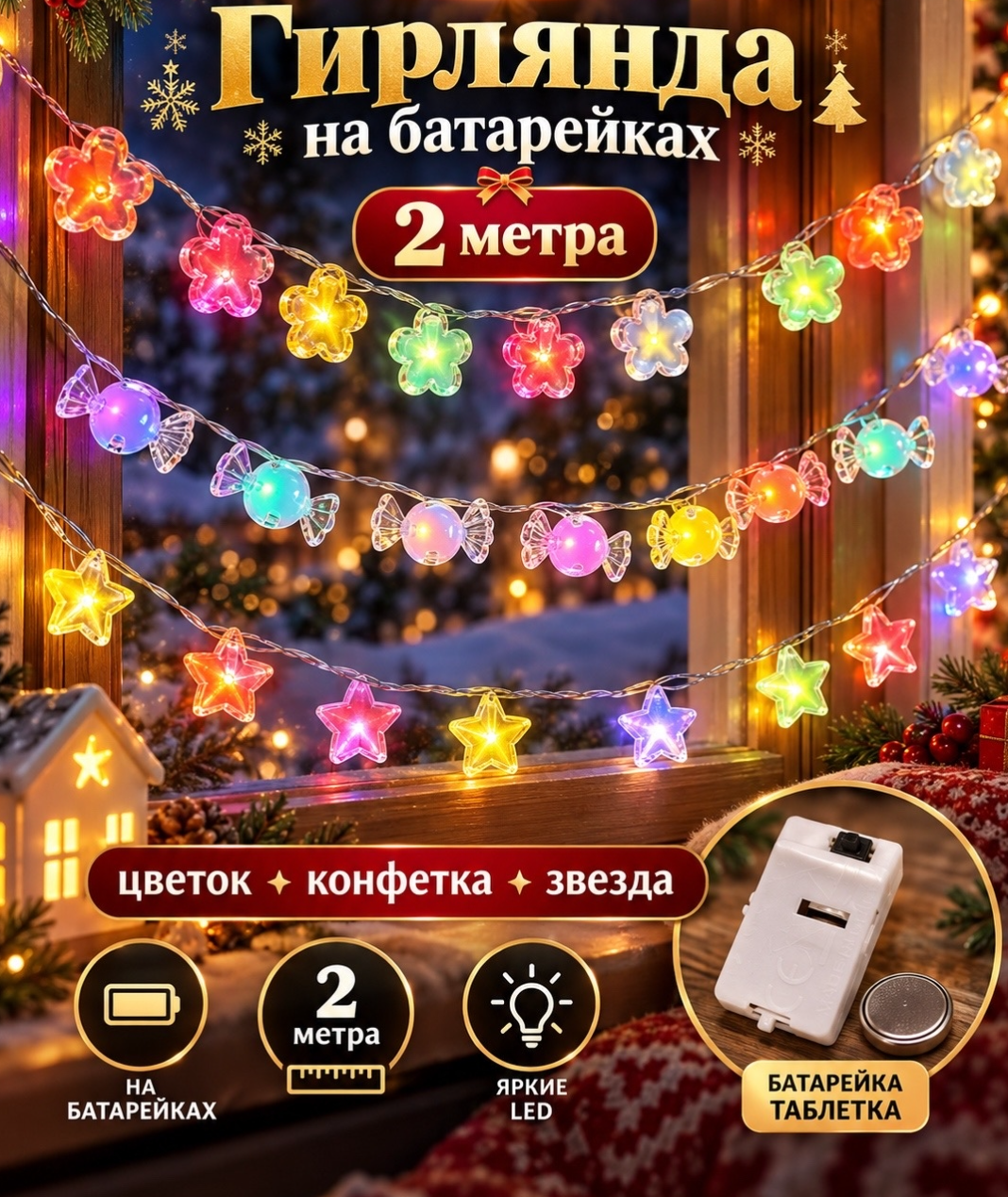 картинка Гирлянда на батарейках, 2 м, декор «цветок + конфетка + звезда» от магазина Одежда+