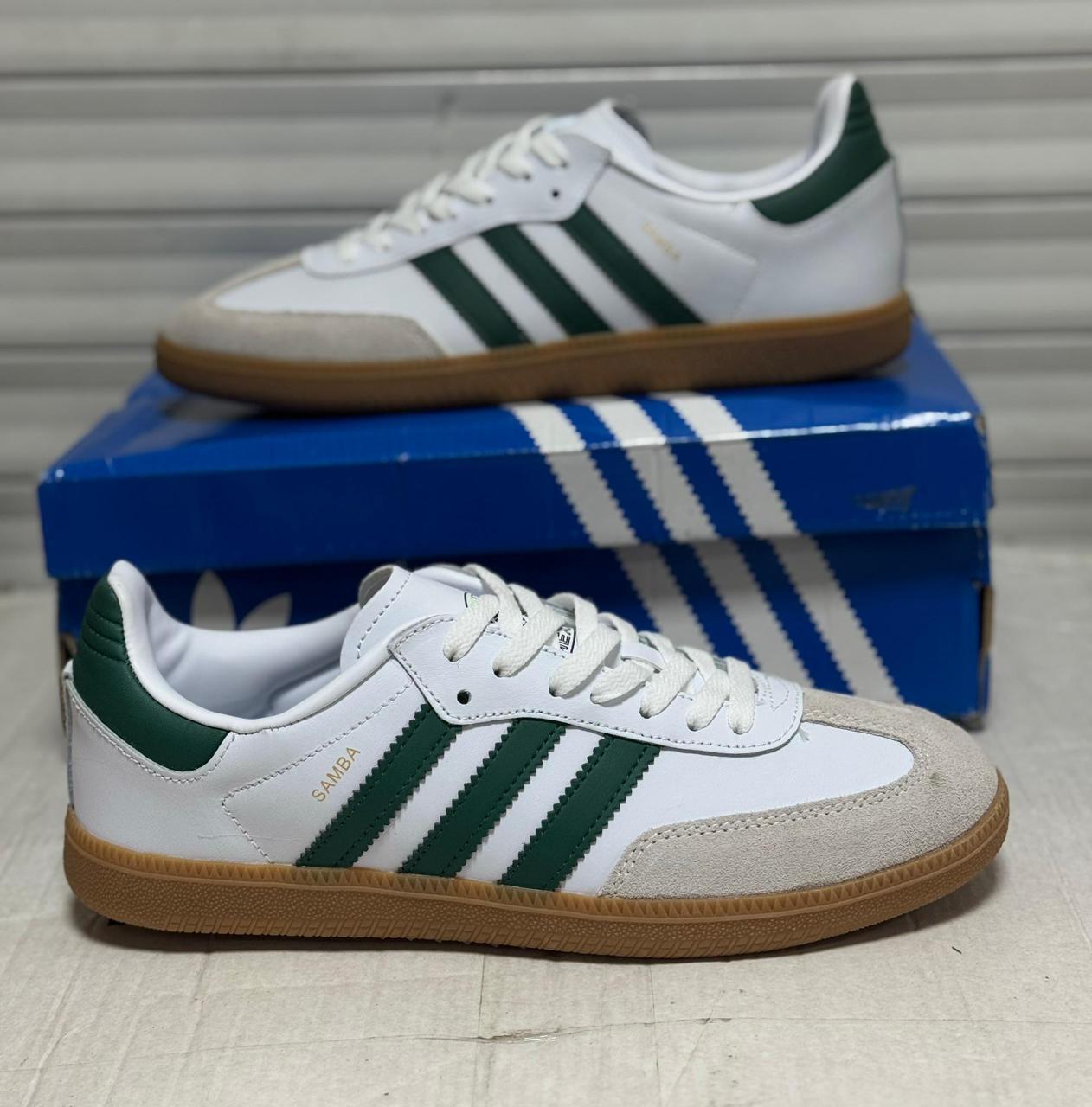 фото Мужские белые и зеленые кроссовки Adidas Samba 764370 оптом с доставкой