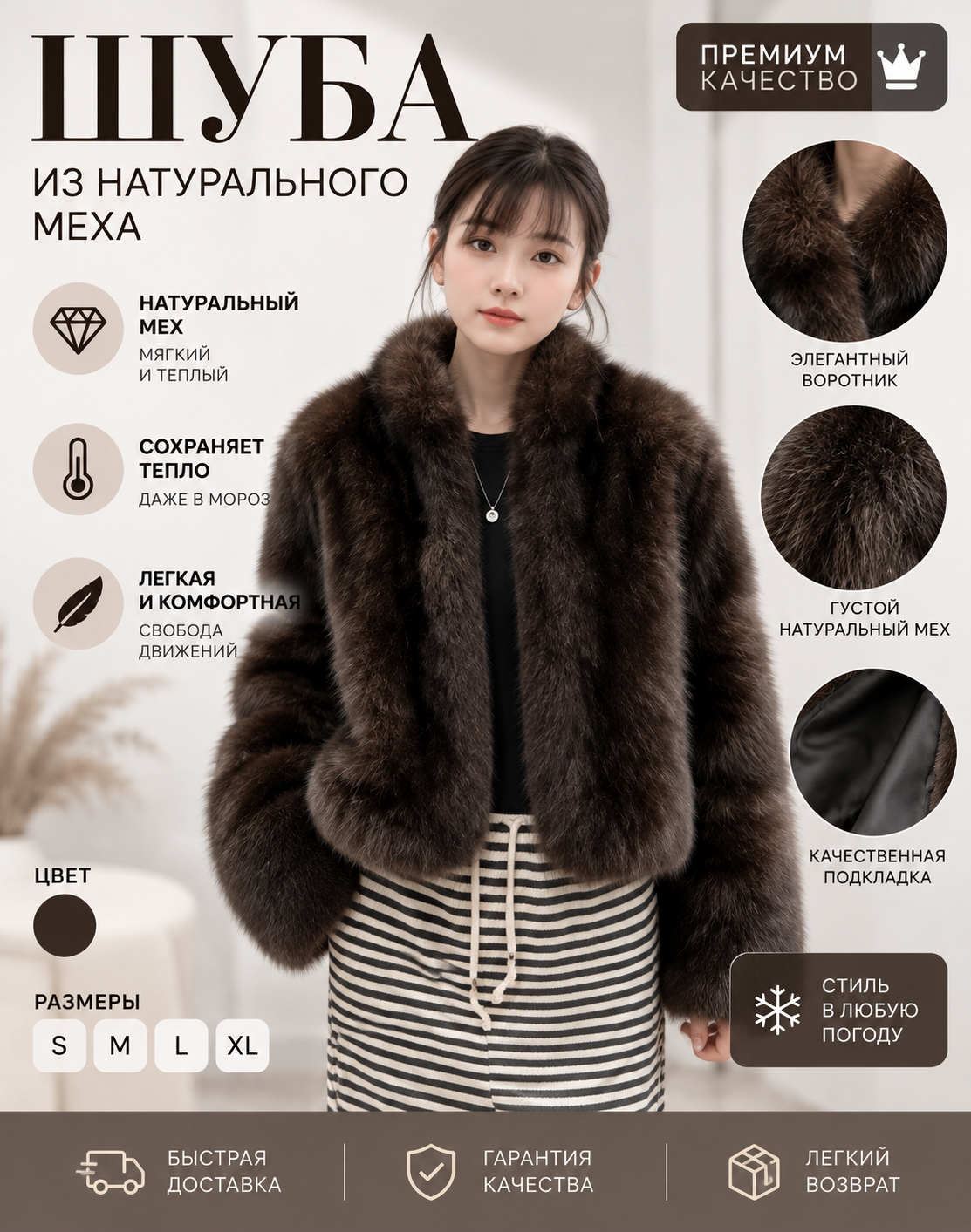 картинка Женская шуба из натурального меха: премиум‑качество, размеры S–XL, тёмно‑коричневый цвет от магазина Одежда+