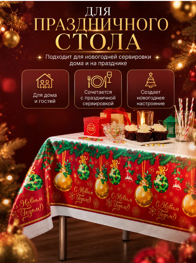картинка Скатерть новогодняя одноразовая 137*180 см в ассортименте от магазина Одежда+