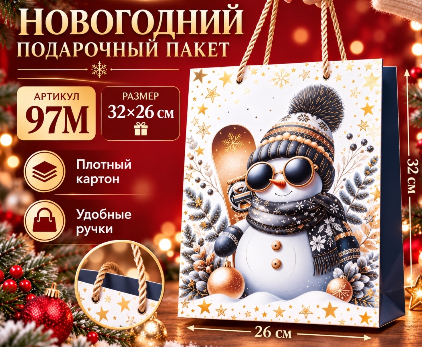 картинка Новогодний подарочный пакет 97S- Размер. 23*18*см— эффектная упаковка для зимних сюрпризов от магазина Одежда+
