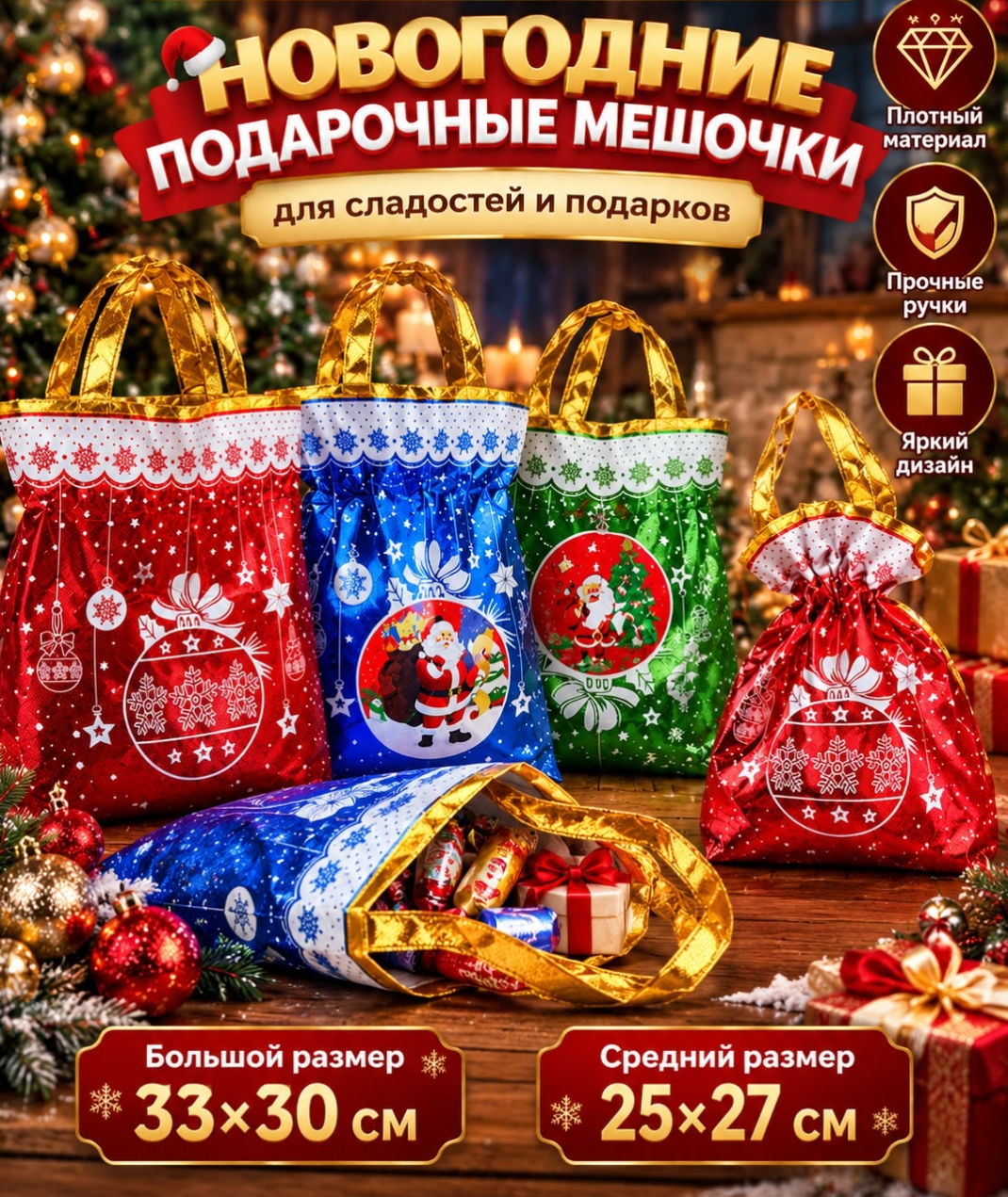 картинка Новогодний подарочный мешочек с ручками и завязками, 25×27 см от магазина Одежда+