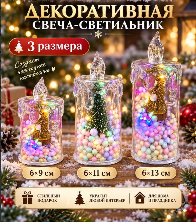 картинка Новогодний декоративный светильник свеча с подсветкой 6*11 см от магазина Одежда+