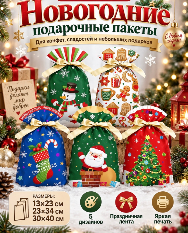 картинка Подарочные новогодние мешки для конфет 23*35 см от магазина Одежда+