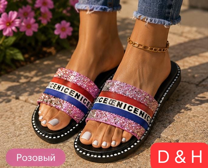 фото женские летние розовые шлепки с glitter-элементами 299630 оптом