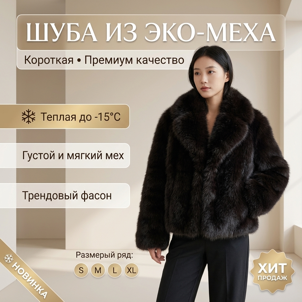 картинка Короткая экошуба из густого экомеха: премиум‑качество, до −15 °C, хит продаж от магазина Одежда+