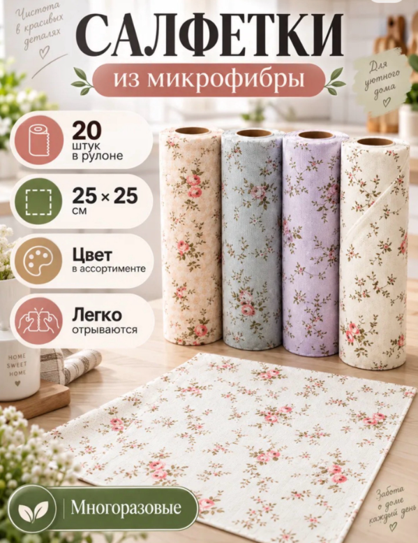 картинка Салфетки кухонные в рулоне 20 шт  размер 25*25см от магазина Одежда+