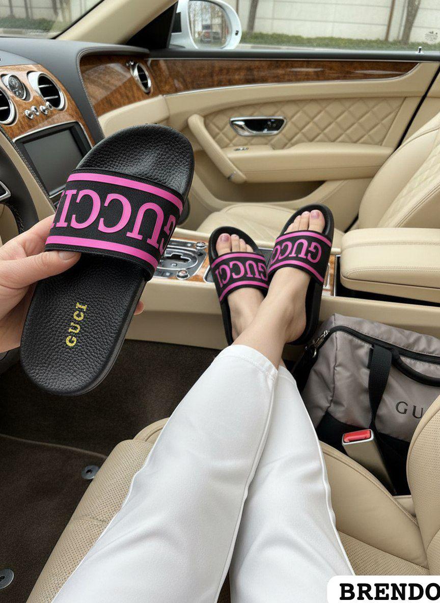 фото женские летние шлепки с надписью gucci 990607 оптом
