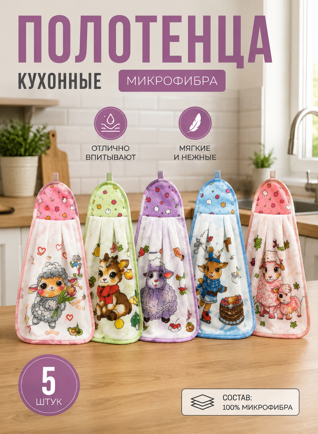 картинка Кухонные полотенце с очаровательными мультяшными зверятами — прекрасный подарок на Новый год, который мгновенно создаёт атмосферу уюта и праздника! от магазина Одежда+