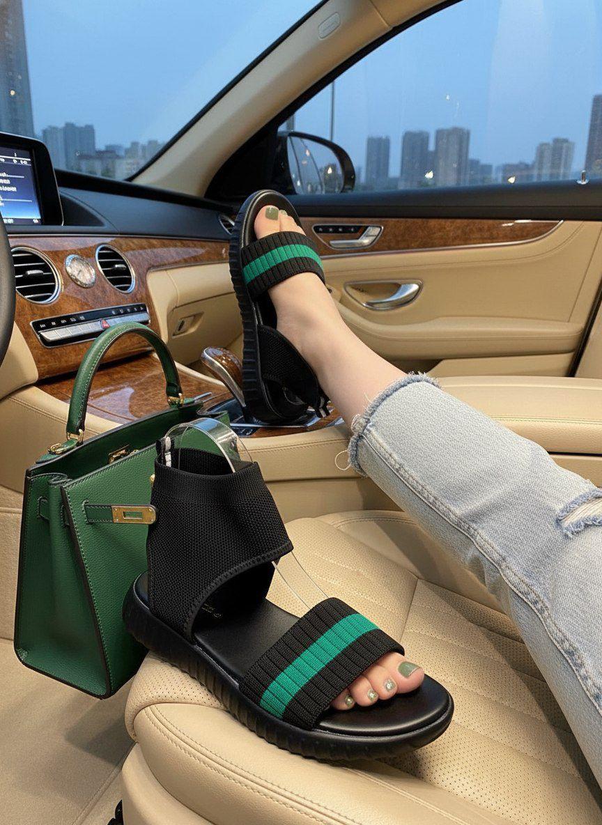 фото женские летние сандалии с зелеными полосками 363117 оптом